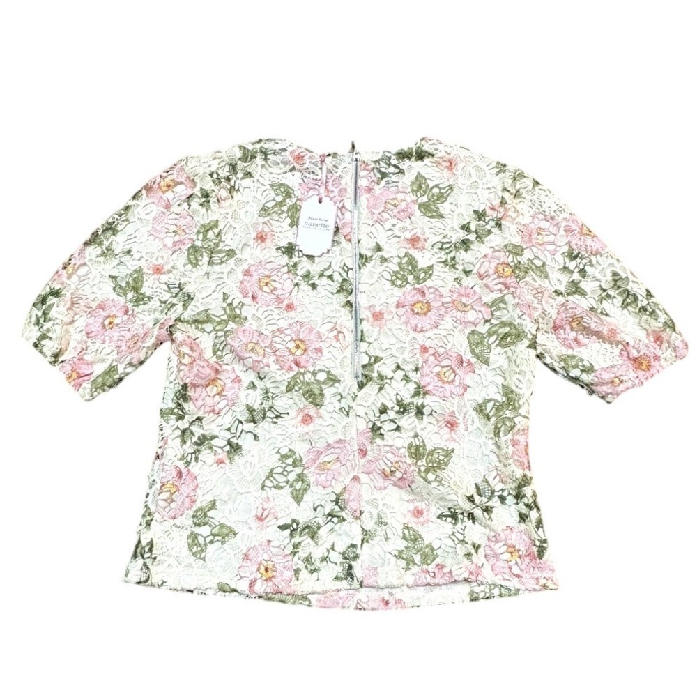 Nanette Lepore Floral Lace Top Pink Green White Puff Sleeve Blouse M NWT